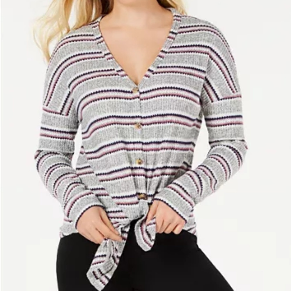 Hippie Rose

Juniors' Striped Tie-Front Waffle-Kni